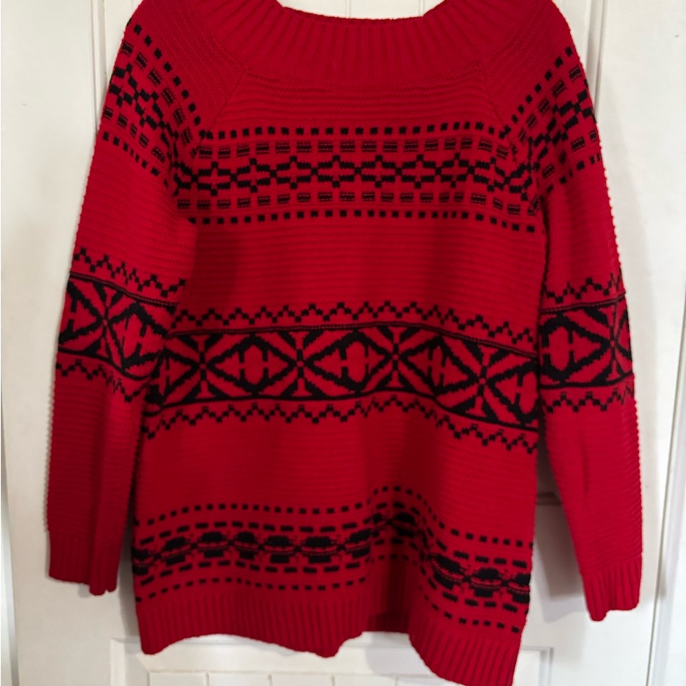 Chaps Red and Black Patterned Women's Sweater Size L Large